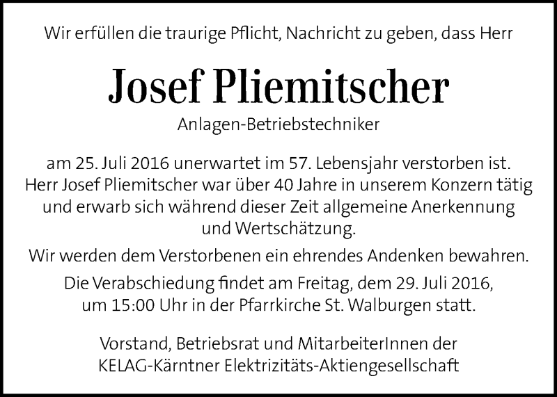  Traueranzeige für Josef Pliemitscher vom 28.07.2016 aus Kleine Zeitung