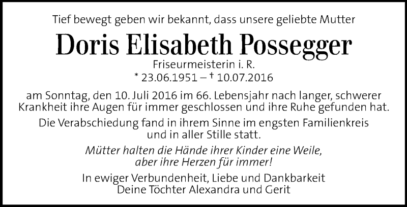  Traueranzeige für Doris Elisabeth Possegger vom 21.07.2016 aus Kleine Zeitung