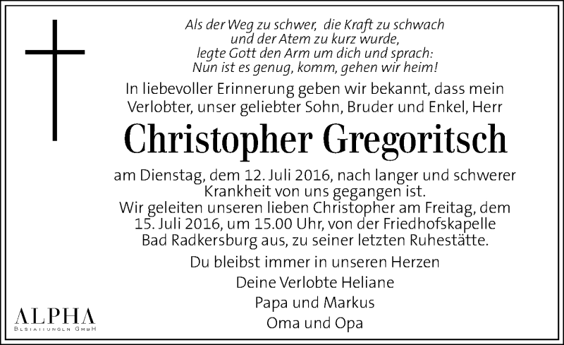  Traueranzeige für Christopher Gregoritsch vom 14.07.2016 aus Kleine Zeitung