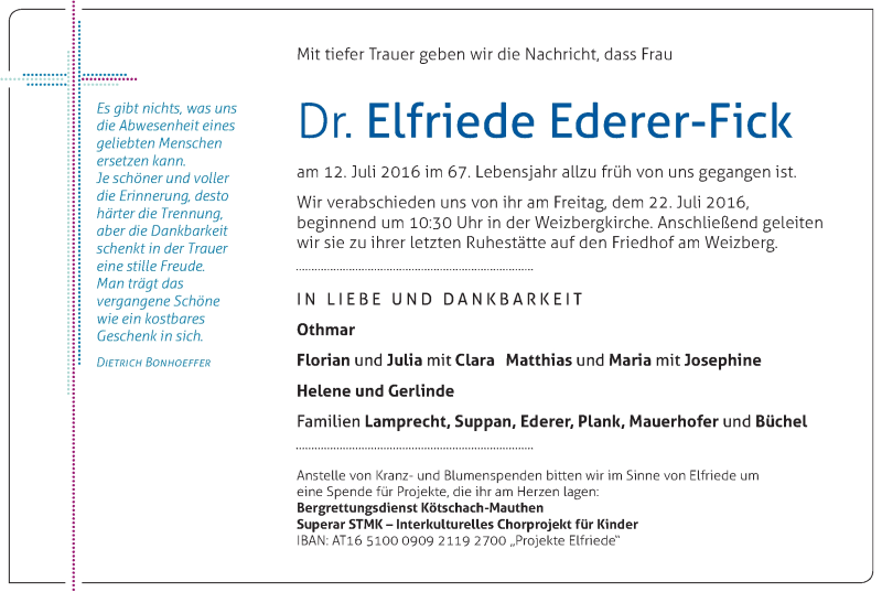  Traueranzeige für Elfriede Ederer-Fick vom 15.07.2016 aus Kleine Zeitung