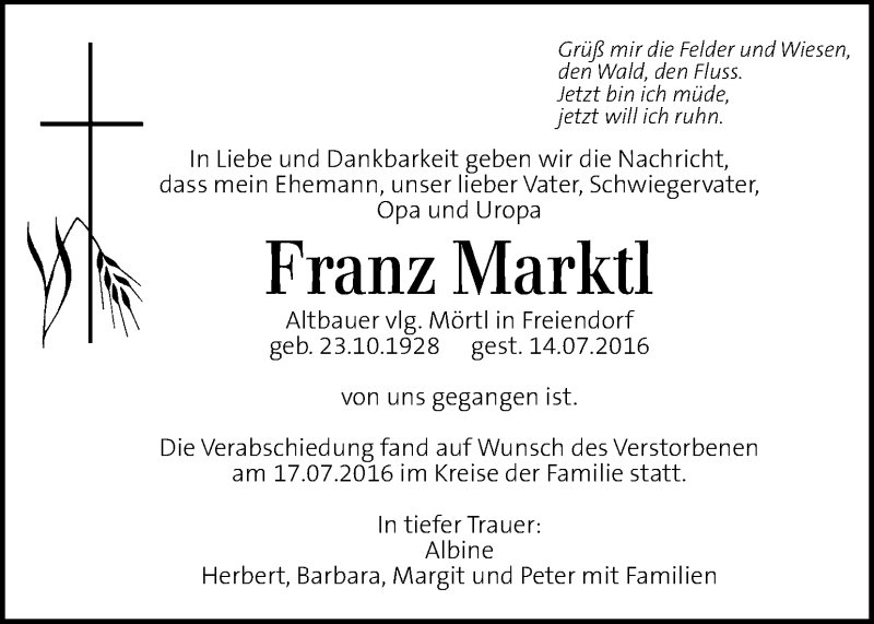  Traueranzeige für Franz Marktl vom 19.07.2016 aus Kleine Zeitung