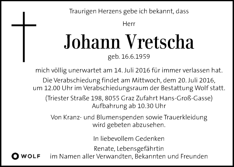  Traueranzeige für Johann Vretscha vom 17.07.2016 aus Kleine Zeitung