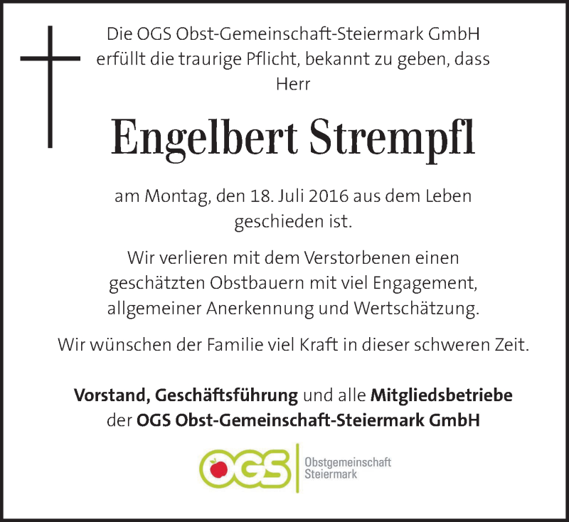  Traueranzeige für Engelbert Strempfl vom 21.07.2016 aus Kleine Zeitung