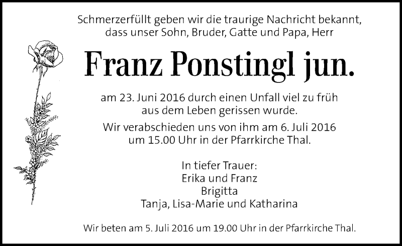  Traueranzeige für Franz Ponstingl  vom 05.07.2016 aus Kleine Zeitung