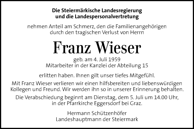  Traueranzeige für Franz Wieser vom 03.07.2016 aus Kleine Zeitung