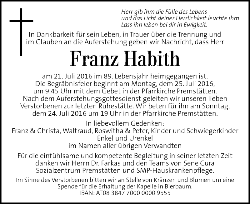  Traueranzeige für Franz Habith vom 23.07.2016 aus Kleine Zeitung