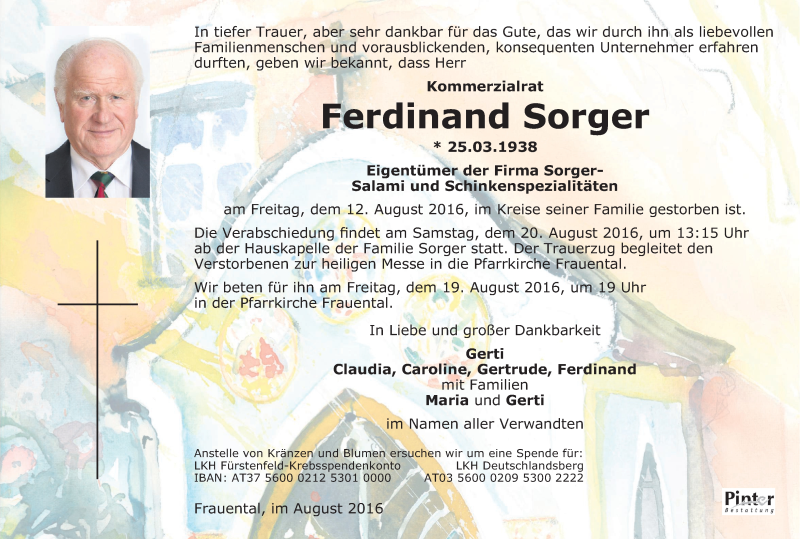  Traueranzeige für Ferdinand Sorger vom 17.08.2016 aus Kleine Zeitung