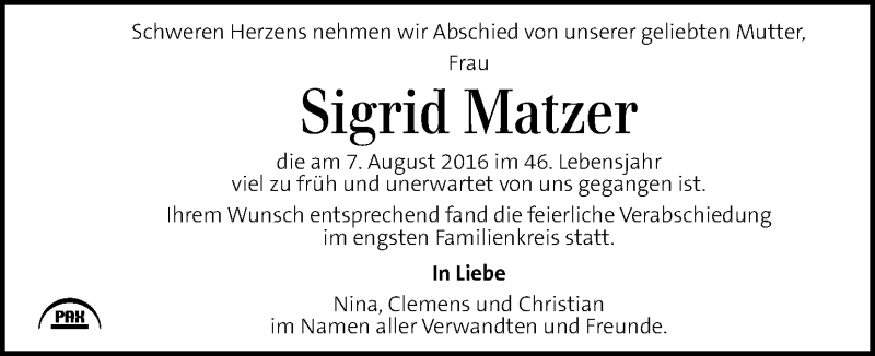  Traueranzeige für Sigrid Matzer vom 14.08.2016 aus Kleine Zeitung