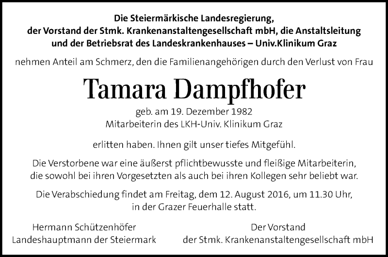  Traueranzeige für Tamara Dampfhofer vom 11.08.2016 aus Kleine Zeitung