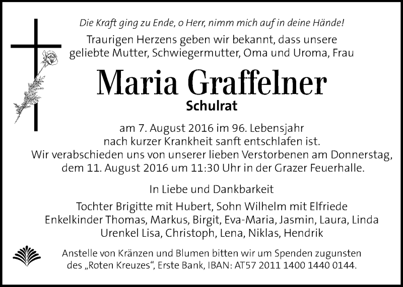  Traueranzeige für Maria Graffelner vom 10.08.2016 aus Kleine Zeitung