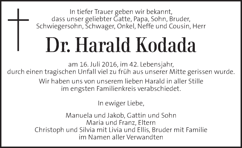 Traueranzeige für Harald Kodada vom 31.07.2016 aus Kleine Zeitung