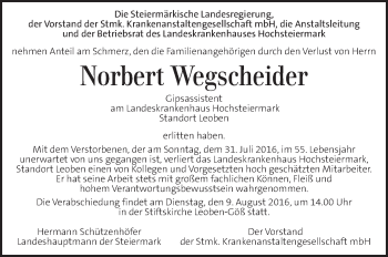 Traueranzeige von Norbert Wegscheider  von Kleine Zeitung