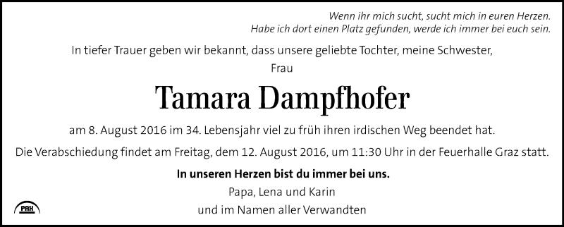  Traueranzeige für Tamara Dampfhofer vom 11.08.2016 aus Kleine Zeitung