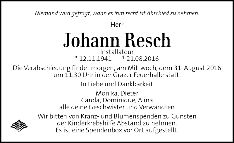 Traueranzeigen Von Johann Resch | Trauer.kleinezeitung.at