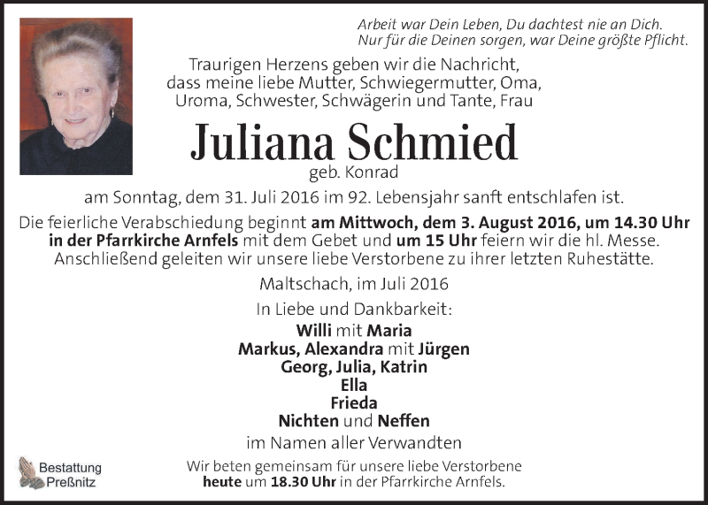  Traueranzeige für Juliana Schmied vom 02.08.2016 aus Kleine Zeitung