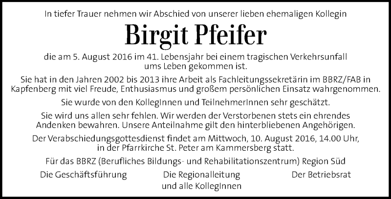  Traueranzeige für Birgit Pfeifer vom 09.08.2016 aus Kleine Zeitung