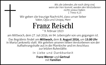 Traueranzeige von Franz Reischl von Kleine Zeitung