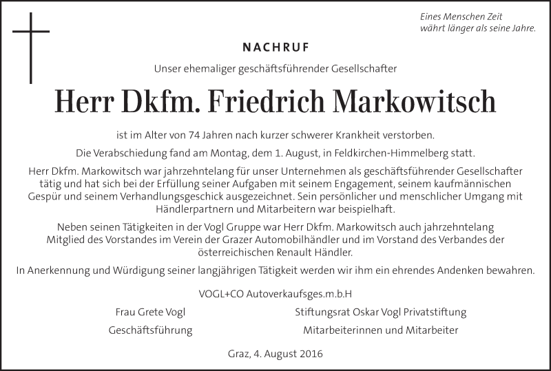  Traueranzeige für Friedrich Markowitsch vom 04.08.2016 aus Kleine Zeitung