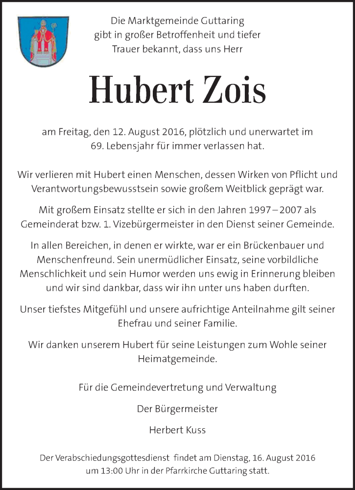  Traueranzeige für Hubert Zois vom 14.08.2016 aus Kleine Zeitung