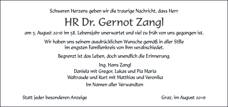  Traueranzeige für Gernot Zangl vom 12.08.2016 aus Kleine Zeitung