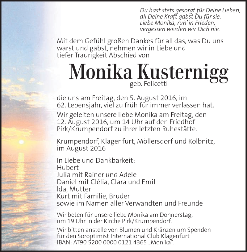 Traueranzeige für Monika Kusternigg vom 10.08.2016 aus Kleine Zeitung