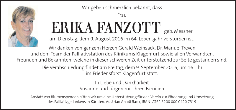  Traueranzeige für Erika Fanzott vom 17.08.2016 aus Kleine Zeitung