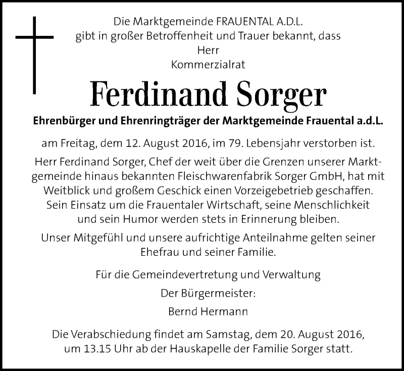  Traueranzeige für Ferdinand Sorger vom 18.08.2016 aus Kleine Zeitung