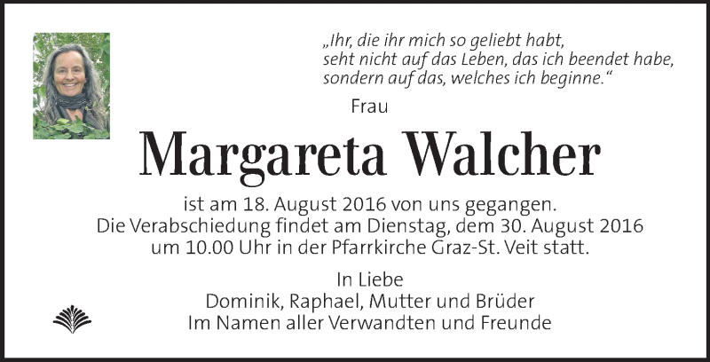 Traueranzeige für Margareta Walcher vom 28.08.2016 aus Kleine Zeitung