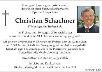 Traueranzeige von Christian Schachner von Kleine Zeitung