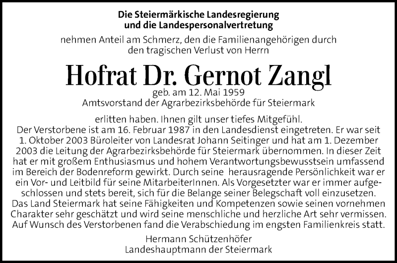  Traueranzeige für Gernot Zangl vom 12.08.2016 aus Kleine Zeitung