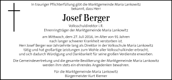 Traueranzeige von Josef Berger von Kleine Zeitung