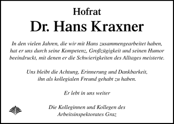 Traueranzeige von Hans Kraxner von Kleine Zeitung