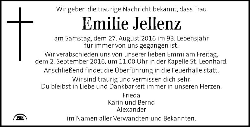  Traueranzeige für Emilie Jellenz vom 31.08.2016 aus Kleine Zeitung