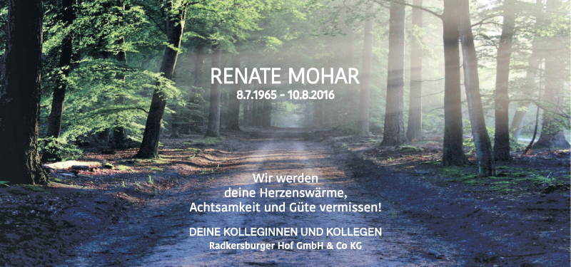  Traueranzeige für Renate Mohar vom 14.08.2016 aus Kleine Zeitung