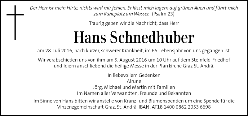  Traueranzeige für Hans Schnedhuber vom 03.08.2016 aus Kleine Zeitung
