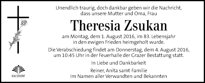  Traueranzeige für Theresia Zsukan vom 03.08.2016 aus Kleine Zeitung