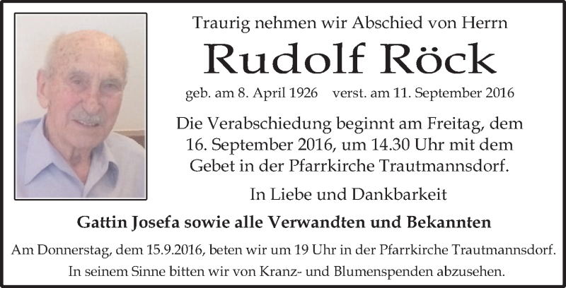  Traueranzeige für Rudolf Röck vom 14.09.2016 aus Kleine Zeitung