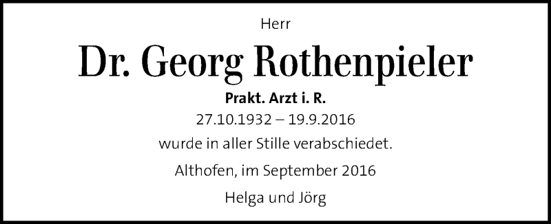  Traueranzeige für Georg Rothenpieler vom 23.09.2016 aus Kleine Zeitung