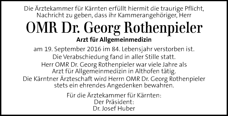  Traueranzeige für Georg Rothenpieler vom 23.09.2016 aus Kleine Zeitung