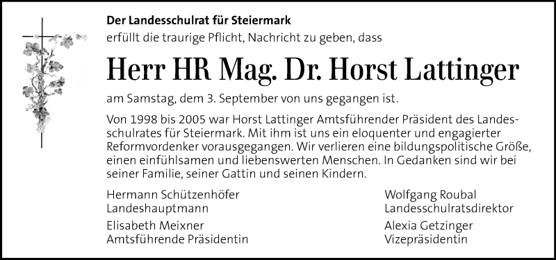  Traueranzeige für Horst Lattinger vom 08.09.2016 aus Kleine Zeitung