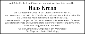 Traueranzeige von Hans Krenn von Kleine Zeitung