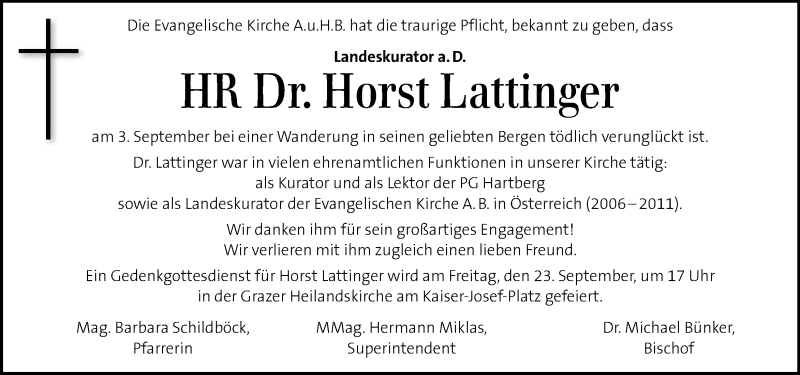  Traueranzeige für Horst Lattinger vom 08.09.2016 aus Kleine Zeitung