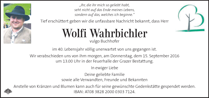  Traueranzeige für Wolfi Wahrbichler vom 14.09.2016 aus Kleine Zeitung