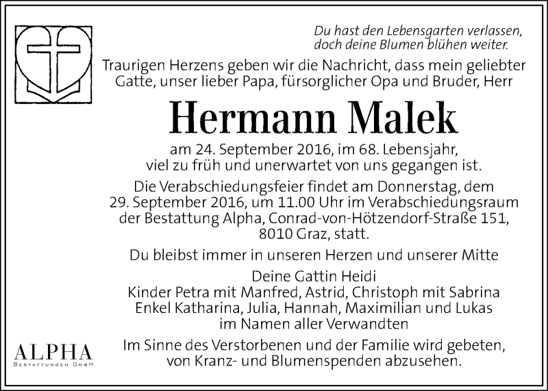  Traueranzeige für Hermann Malek vom 27.09.2016 aus Kleine Zeitung