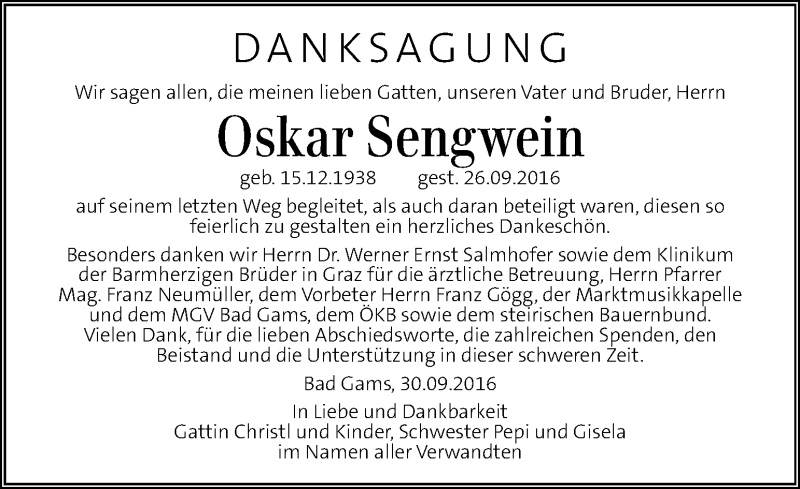  Traueranzeige für Oskar Sengwein vom 01.10.2016 aus Kleine Zeitung