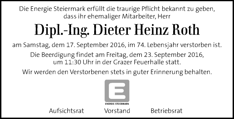 Traueranzeige für Dieter Heinz Roth vom 22.09.2016 aus Kleine Zeitung