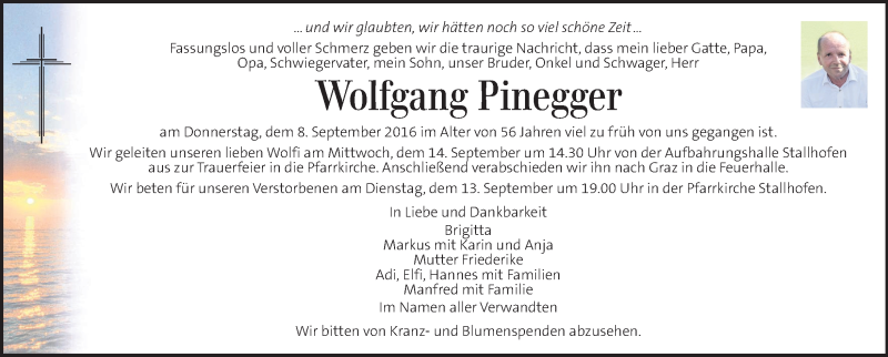  Traueranzeige für Wolfgang Pinegger  vom 13.09.2016 aus Kleine Zeitung