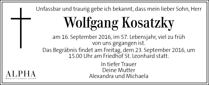  Traueranzeige für Wolfgang Kosatzky vom 22.09.2016 aus Kleine Zeitung