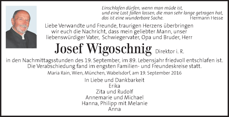  Traueranzeige für Josef Wigoschnig vom 25.09.2016 aus Kleine Zeitung