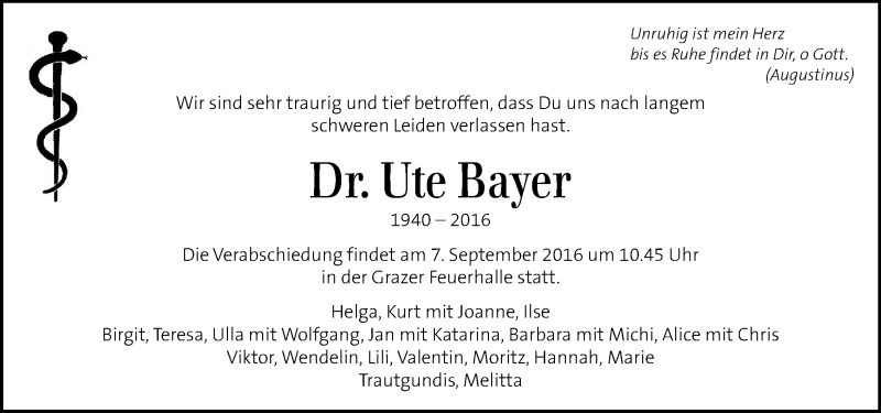  Traueranzeige für Ute Bayer vom 02.09.2016 aus Kleine Zeitung